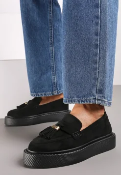Czarne Mokasyny z Ekozamszu na Niskiej Platformie z Frędzlami na Noskach Relabrina
