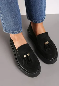 Czarne Mokasyny z Ekozamszu na Niskiej Platformie z Frędzlami na Noskach Relabrina