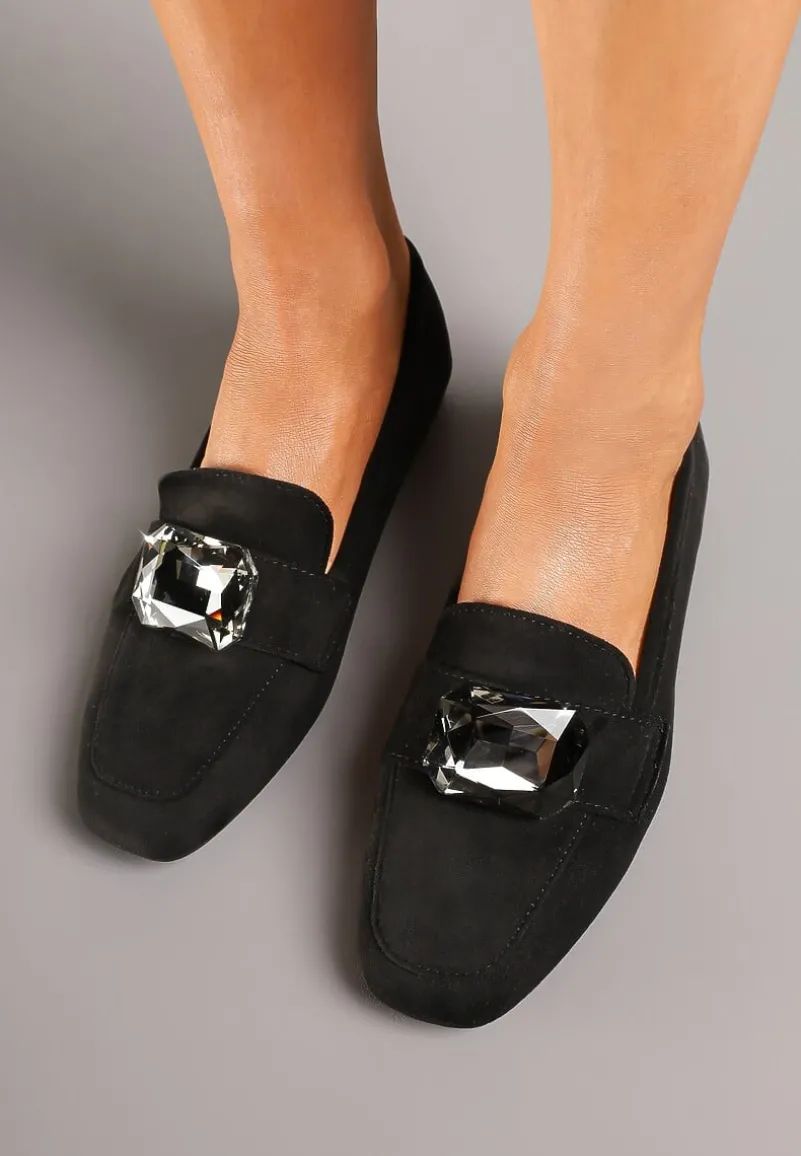 Czarne Mokasyny z Ekozamszu Zdobione Aplikacją z Dużą Cyrkonią Zidanira