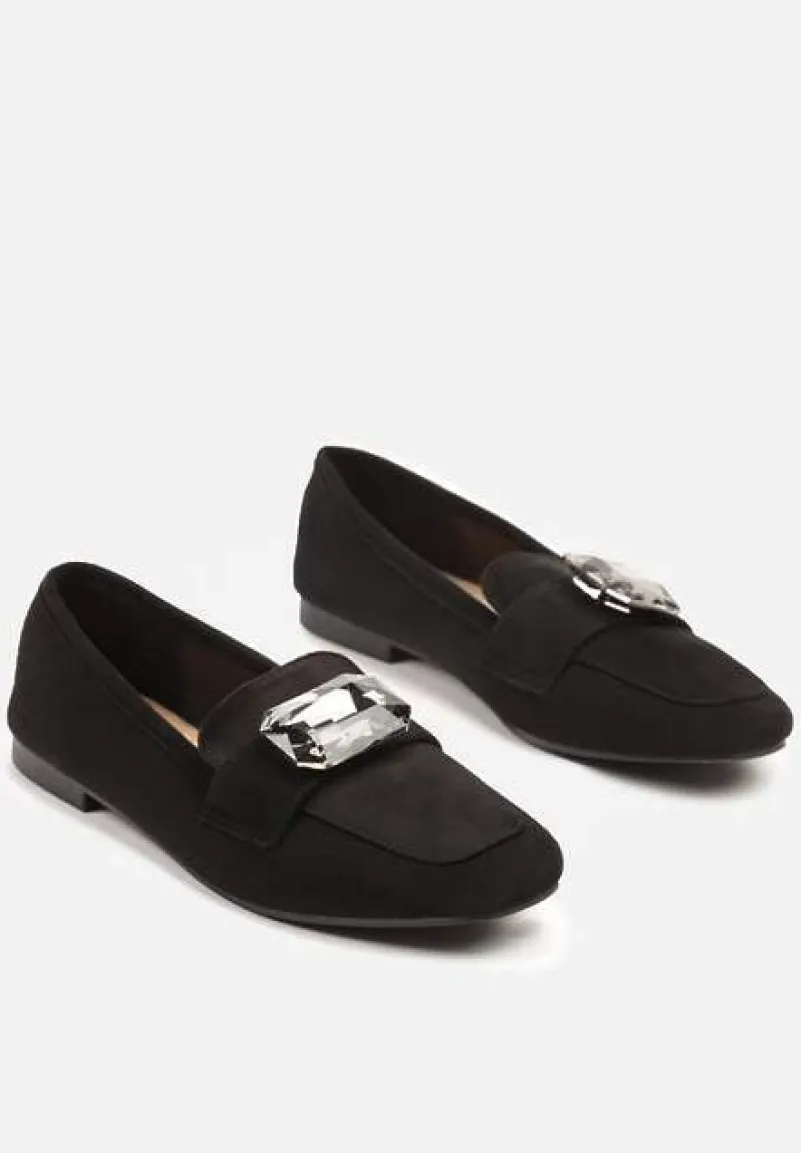 Czarne Mokasyny z Ekozamszu Zdobione Aplikacją z Dużą Cyrkonią Zidanira