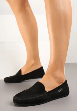 Czarne Mokasyny z Ekozamszu Zdobione Przeszyciami Zeanise