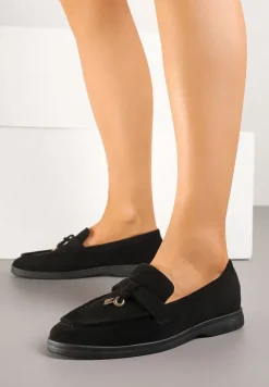 Czarne Mokasyny z Ekozamszu Zdobione Boho Aplikacją Sepiraella