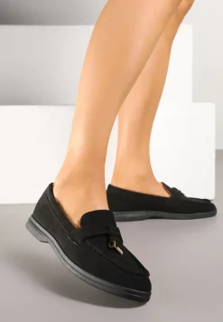 Czarne Mokasyny z Ekozamszu Zdobione Boho Aplikacją Sepiraella