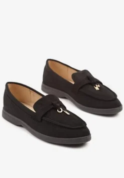 Czarne Mokasyny z Ekozamszu Zdobione Boho Aplikacją Sepiraella