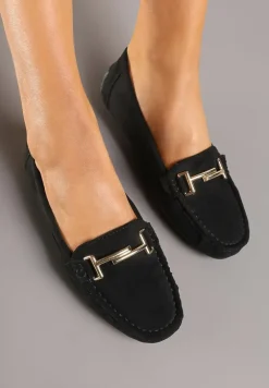 Czarne Mokasyny z Ekozamszu z Ozdobną Aplikacją Galselia