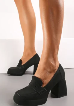 Czarne Mokasyny z Geometrycznym Słupkiem i Niską Platformą ze Skórzaną Wkładką Albbise