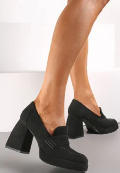 Czarne Mokasyny z Geometrycznym Słupkiem i Niską Platformą ze Skórzaną Wkładką Albbise