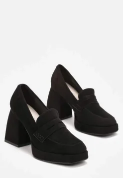 Czarne Mokasyny z Geometrycznym Słupkiem i Niską Platformą ze Skórzaną Wkładką Albbise