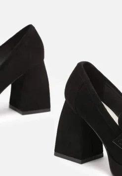 Czarne Mokasyny z Geometrycznym Słupkiem i Niską Platformą ze Skórzaną Wkładką Albbise