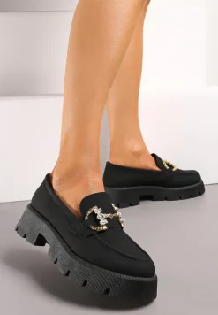 Czarne Mokasyny z Grubą Podeszwą w Kolorze Cholewki z Klamrą Rosarose