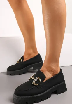 Czarne Mokasyny z Grubą Podeszwą w Kolorze Cholewki z Klamrą Rosarose