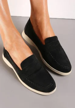 Czarne Mokasyny z Imitacji Zamszu na Płaskiej Podeszwie Faranis