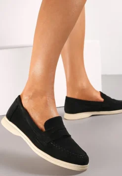 Czarne Mokasyny z Imitacji Zamszu na Płaskiej Podeszwie Faranis