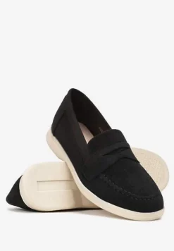 Czarne Mokasyny z Imitacji Zamszu na Płaskiej Podeszwie Faranis