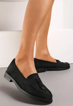 Czarne Mokasyny z Imitacji Zamszu z Frędzlami i Skórzaną Wkładką Nithdra