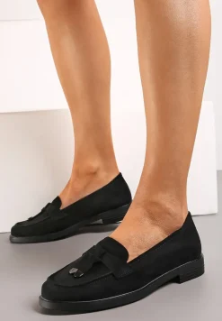 Czarne Mokasyny z Imitacji Zamszu z Frędzlami i Skórzaną Wkładką Nithdra