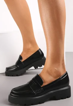 Czarne Mokasyny z Imitacji Skóry na Grubej Podeszwie Inran