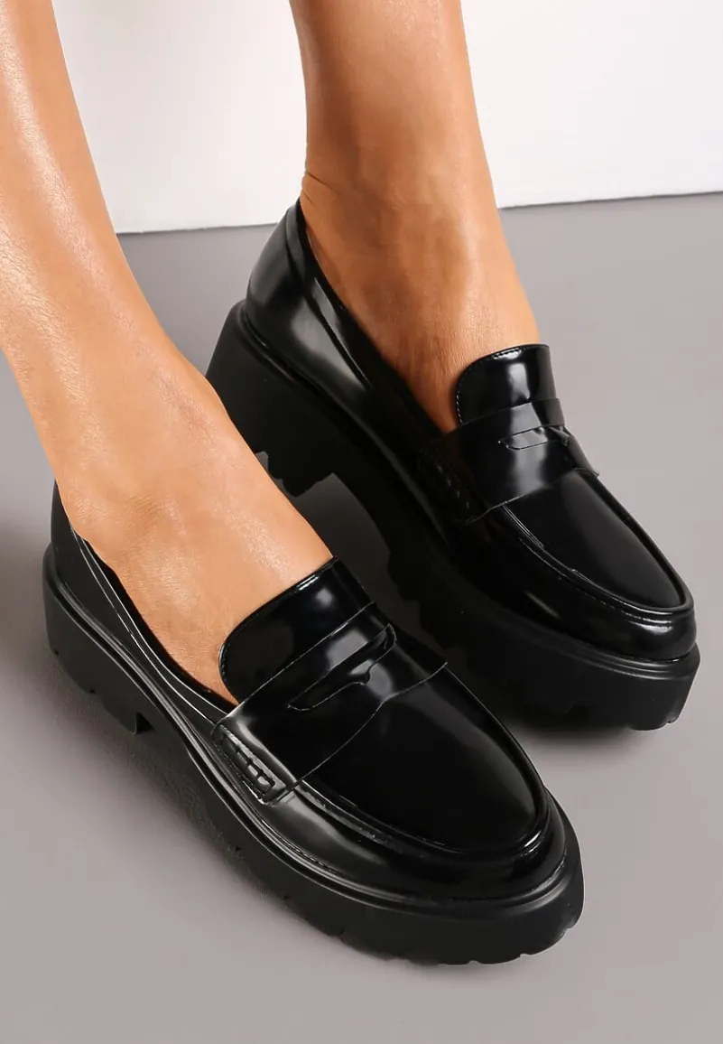 Czarne Mokasyny z Imitacji Skóry na Grubej Podeszwie Inran