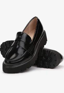 Czarne Mokasyny z Imitacji Skóry na Grubej Podeszwie Inran