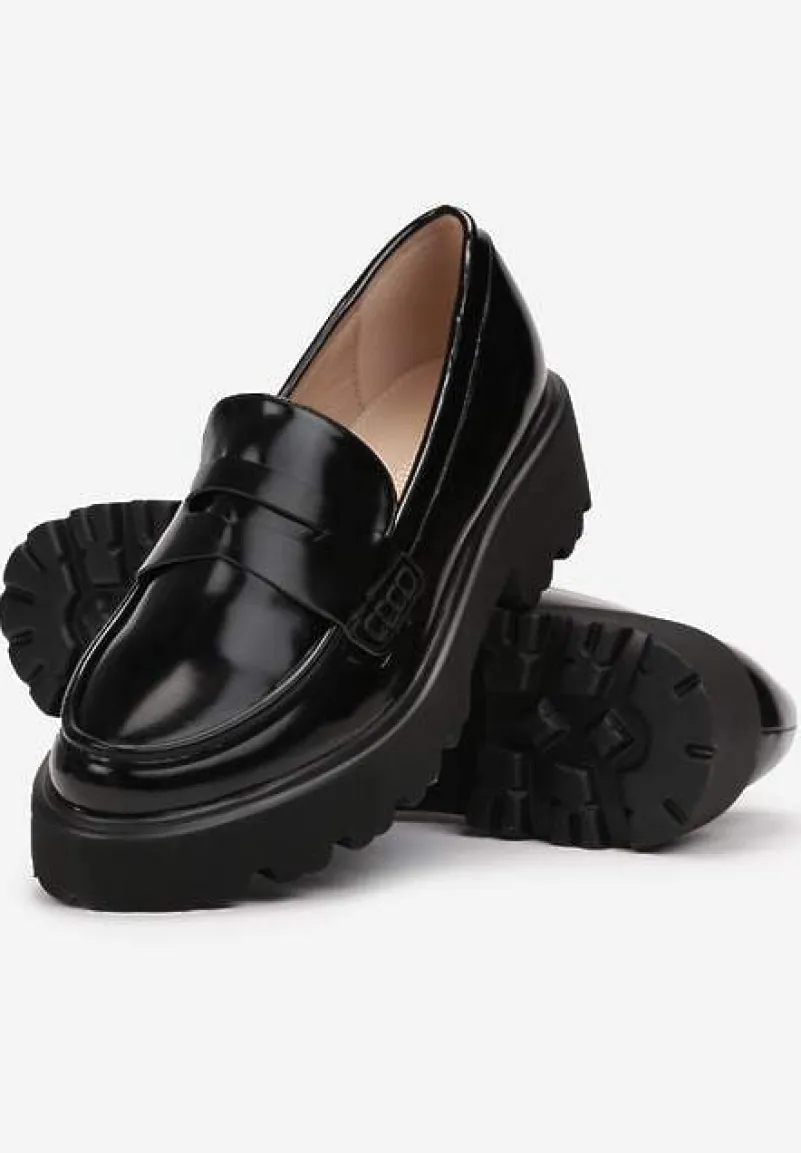 Czarne Mokasyny z Imitacji Skóry na Grubej Podeszwie Inran