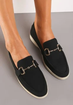 Czarne Mokasyny z Imitacji Zamszu z Ozdobną Klamrą i Przeszyciami Daneka