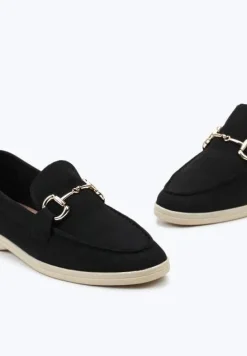Czarne Mokasyny z Imitacji Zamszu z Ozdobną Klamrą i Przeszyciami Daneka