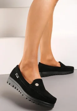 Czarne Mokasyny z Imitacji Zamszu z Wkładką ze Skóry Naturalnej Tiulla