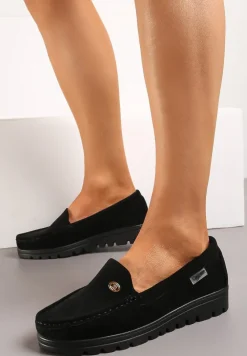 Czarne Mokasyny z Imitacji Zamszu z Wkładką ze Skóry Naturalnej Tiulla