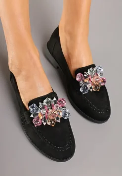 Czarne Mokasyny z Imitacji Zamszu z Biżuteryjną Aplikacją Zaliora
