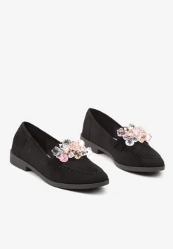 Czarne Mokasyny z Imitacji Zamszu z Biżuteryjną Aplikacją Zaliora