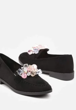 Czarne Mokasyny z Imitacji Zamszu z Biżuteryjną Aplikacją Zaliora