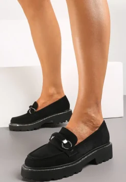 Czarne Mokasyny z Imitacji Zamszu z Cyrkoniami Przy Podeszwie Imule