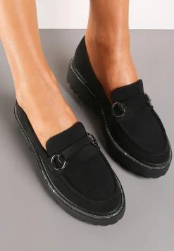 Czarne Mokasyny z Imitacji Zamszu z Cyrkoniami Przy Podeszwie Imule