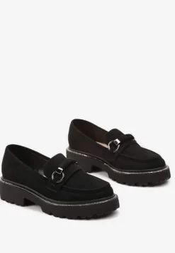 Czarne Mokasyny z Imitacji Zamszu z Cyrkoniami Przy Podeszwie Imule