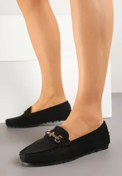 Czarne Mokasyny z Imitacji Zamszu z Ozdobną Metaliczną Aplikacją Sovtewi