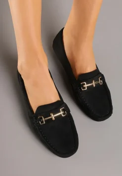 Czarne Mokasyny z Imitacji Zamszu z Ozdobną Metaliczną Aplikacją Sovtewi