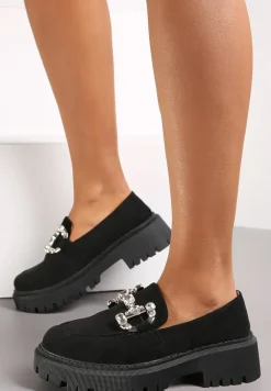 Czarne Mokasyny z Klamerką na Grubej Podeszwie Nohu