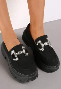 Czarne Mokasyny z Klamerką na Grubej Podeszwie Nohu