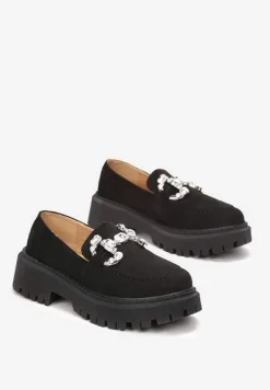 Czarne Mokasyny z Klamerką na Grubej Podeszwie Nohu