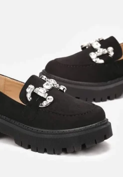 Czarne Mokasyny z Klamerką na Grubej Podeszwie Nohu
