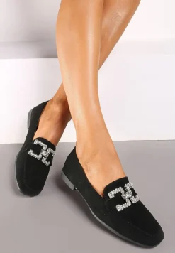 Czarne Mokasyny z Klamerką w Cyrkonie Bile