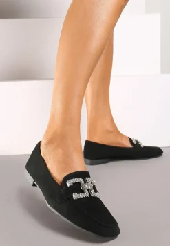 Czarne Mokasyny z Klamerką w Cyrkonie Bile