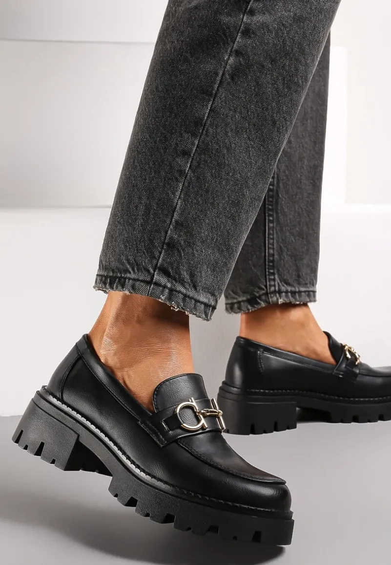 Czarne Mokasyny z Klamerką na Grubej Podeszwie Glamza