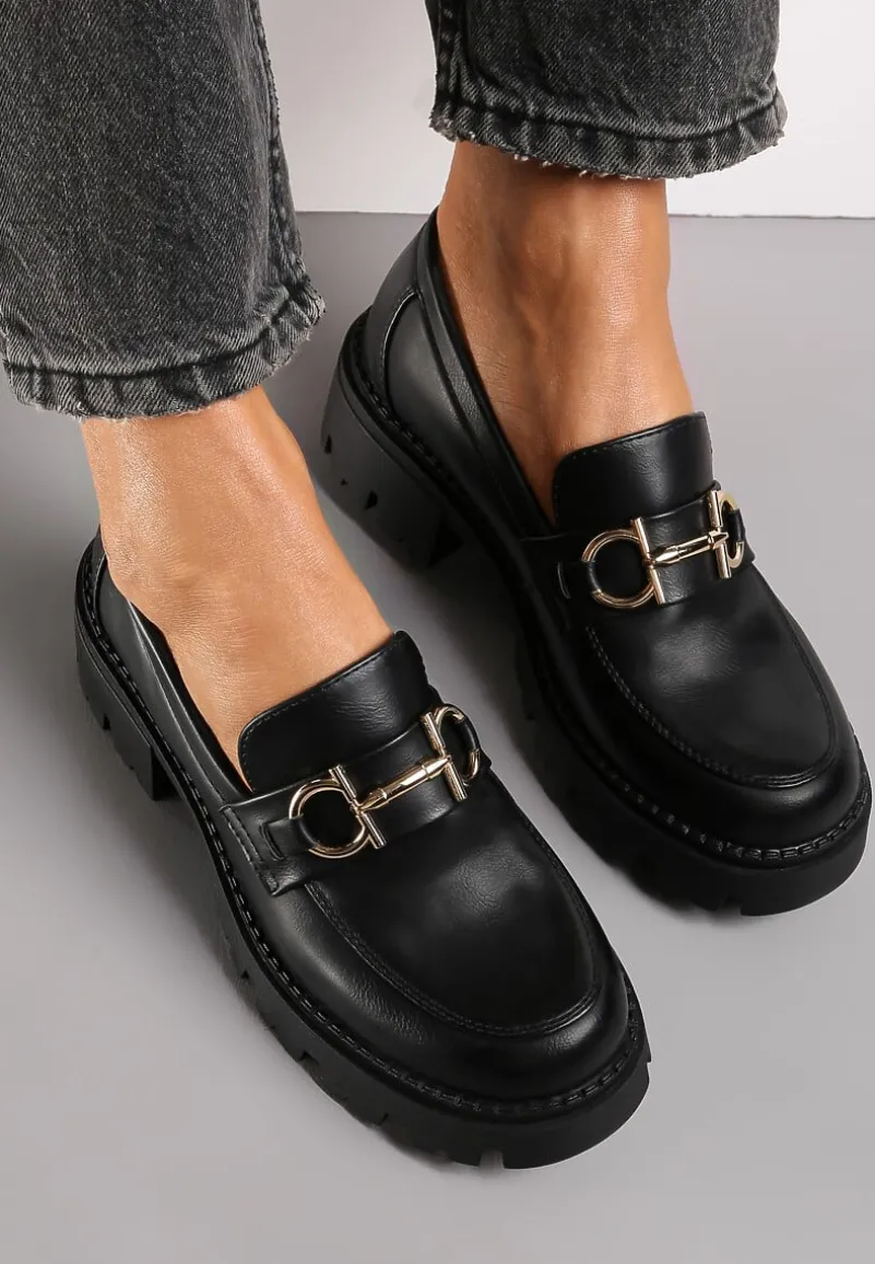 Czarne Mokasyny z Klamerką na Grubej Podeszwie Glamza