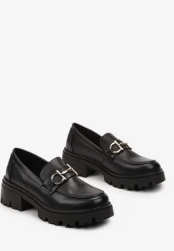 Czarne Mokasyny z Klamerką na Grubej Podeszwie Glamza