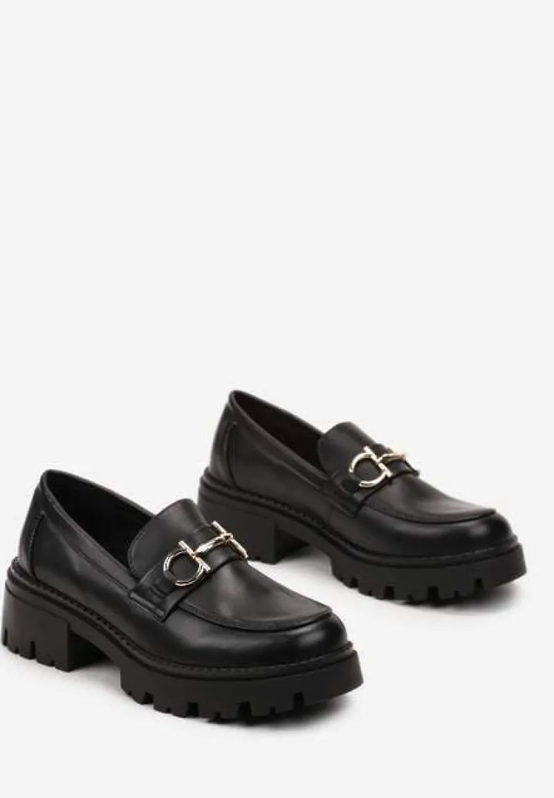 Czarne Mokasyny z Klamerką na Grubej Podeszwie Glamza