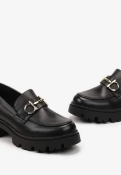 Czarne Mokasyny z Klamerką na Grubej Podeszwie Glamza