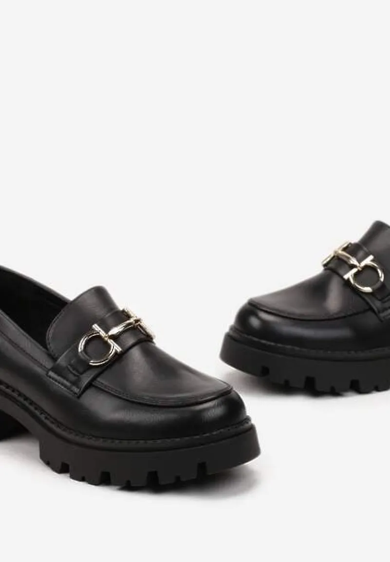 Czarne Mokasyny z Klamerką na Grubej Podeszwie Glamza
