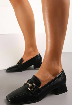 Czarne Mokasyny z Klamerką i Niskim Kwadratowym Obcasem Fansai