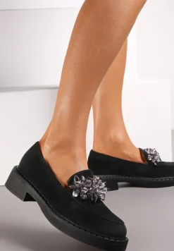 Czarne Mokasyny z Kryształkami i Wkładką ze Skóry Naturalnej Limiha